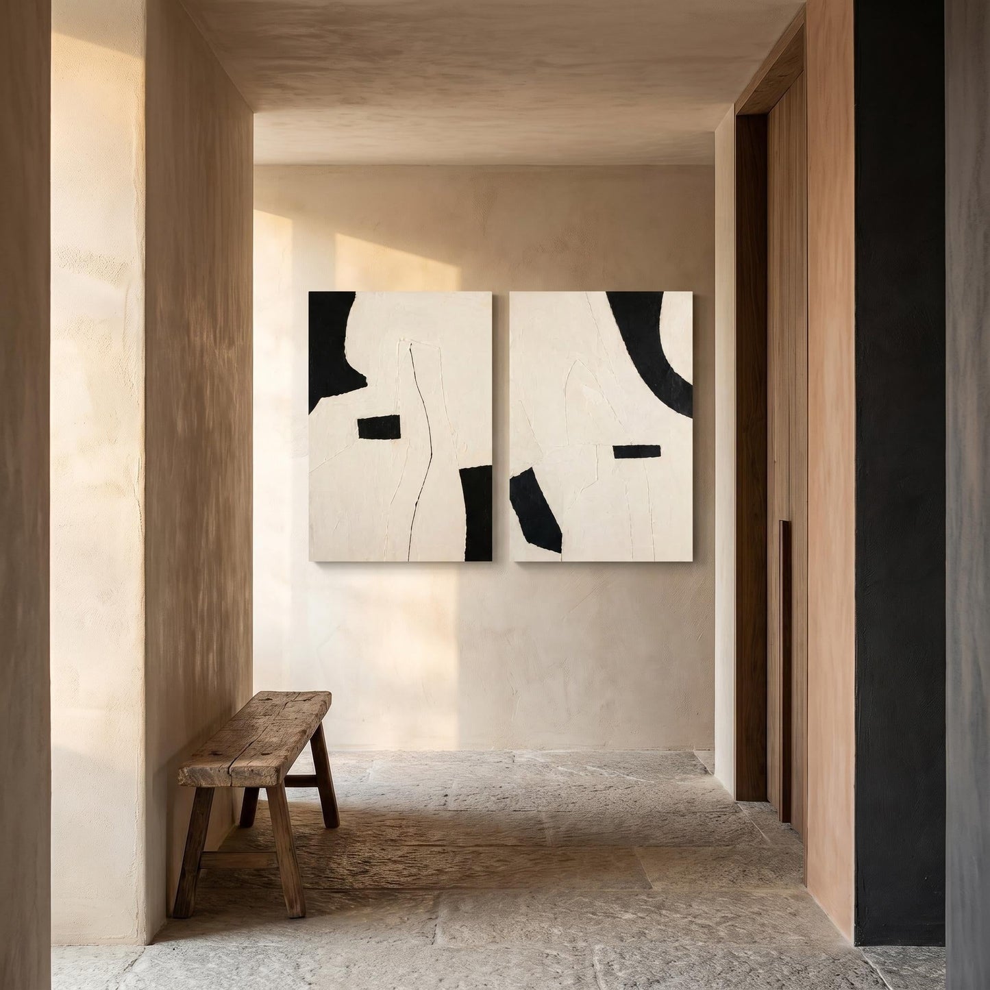 Abstract Art Painting - Monochrome Textured Diptych