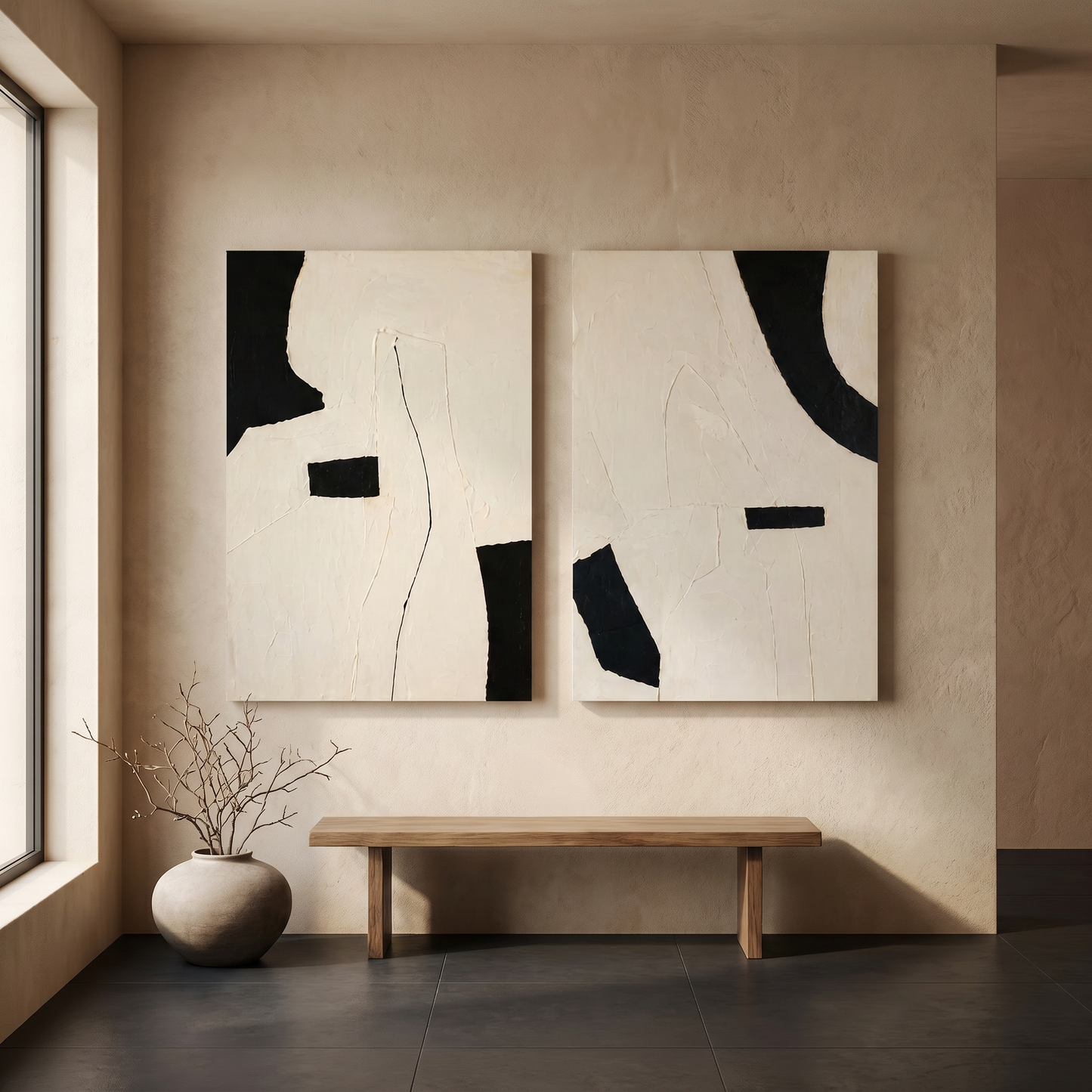 Abstract Art Painting - Monochrome Textured Diptych