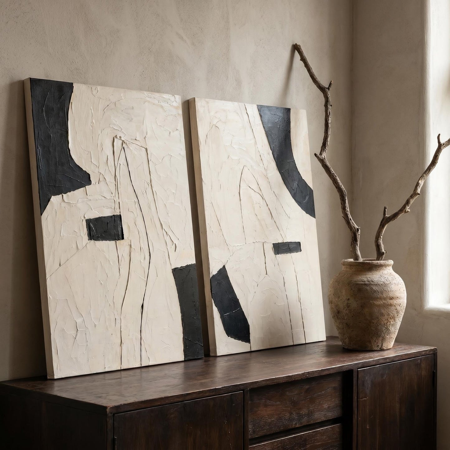 Abstract Art Painting - Monochrome Textured Diptych