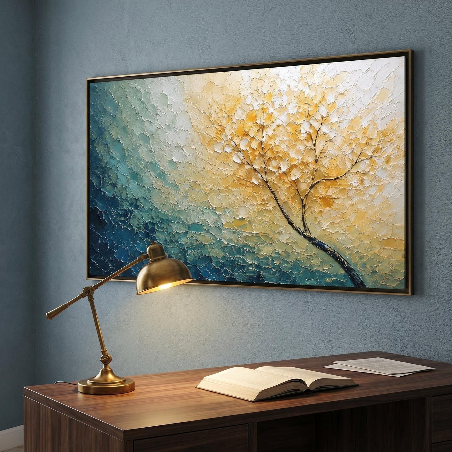 3D Textured Painting - Golden Teal Tree