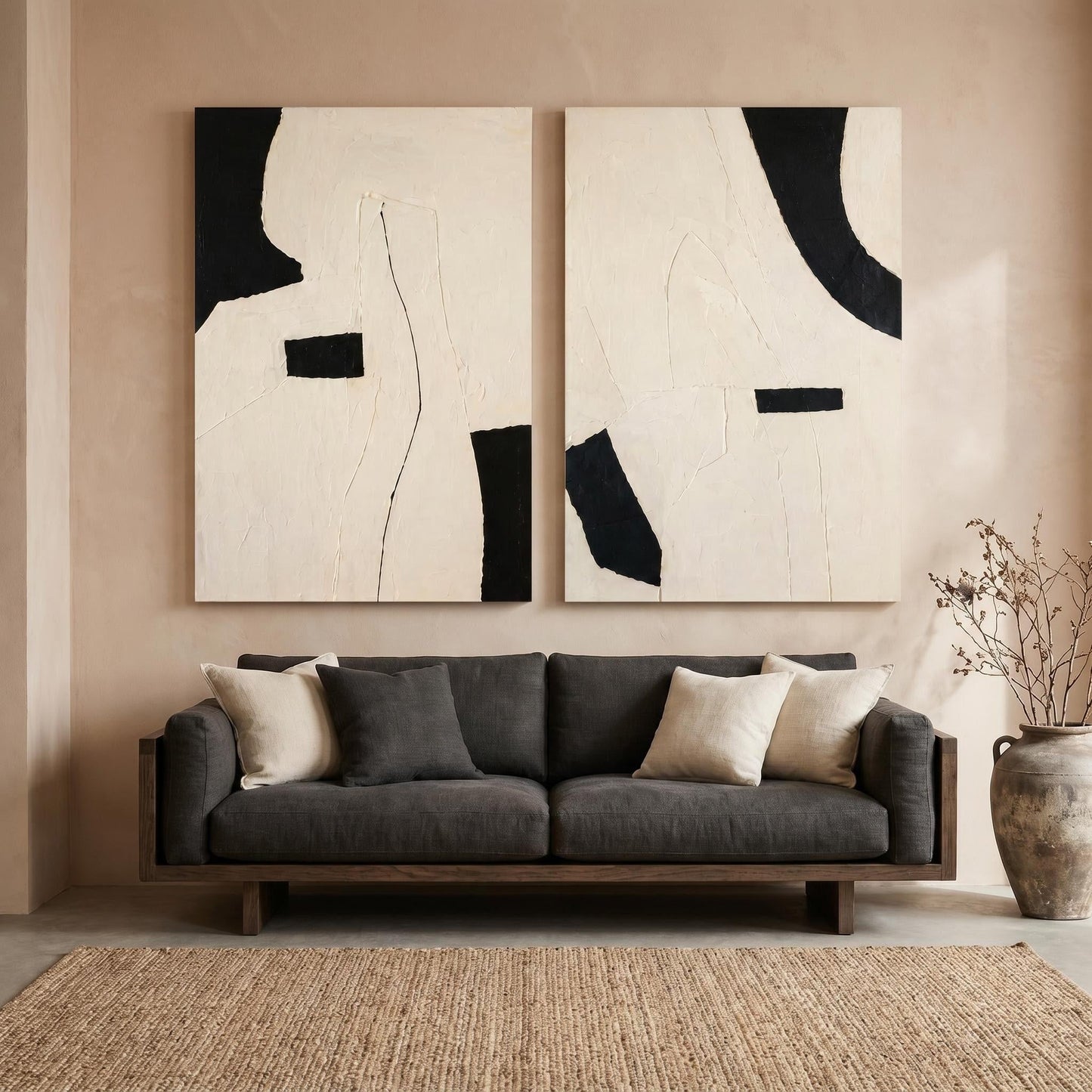 Abstract Art Painting - Monochrome Textured Diptych