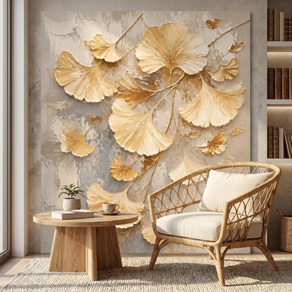 3D Textured Painting - Gilded Ginkgo Whispers