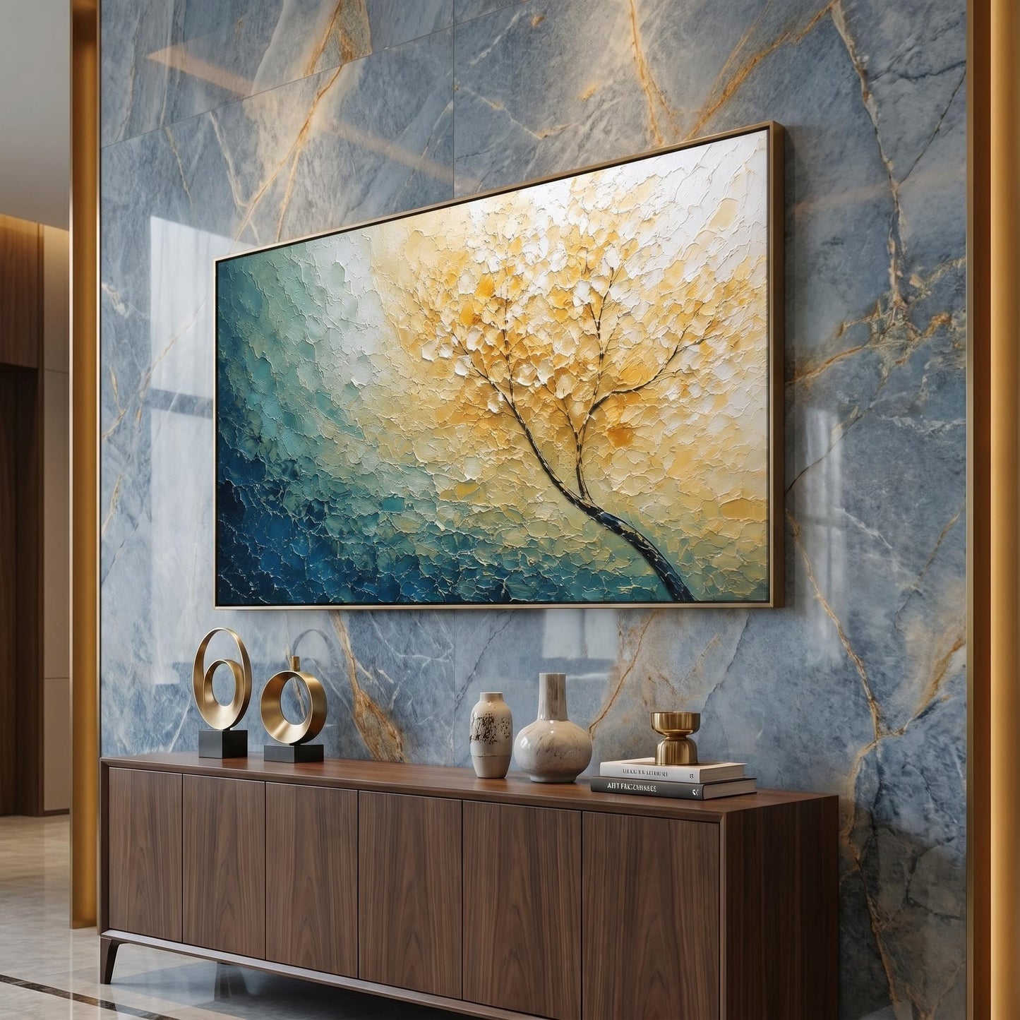 3D Textured Painting - Golden Teal Tree