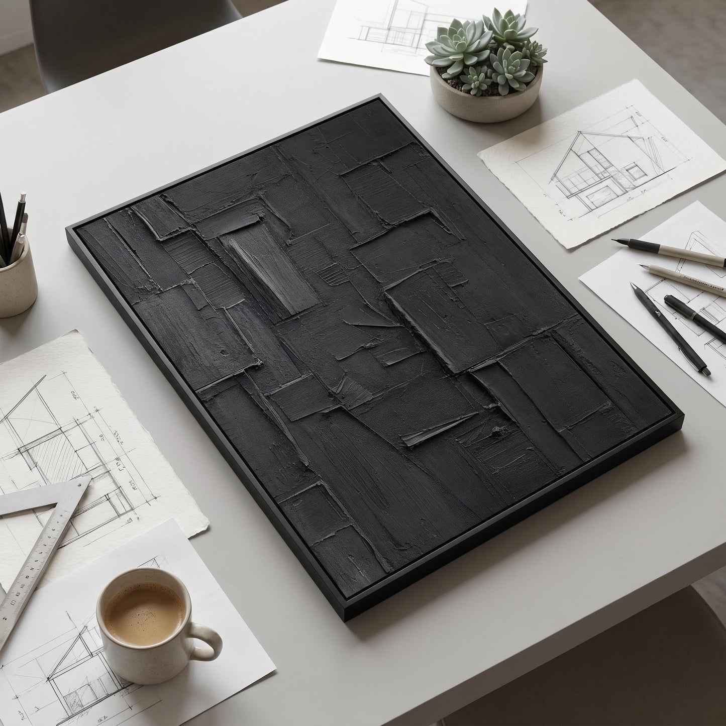 Wabi-Sabi Wall Art - Textured Black Relief