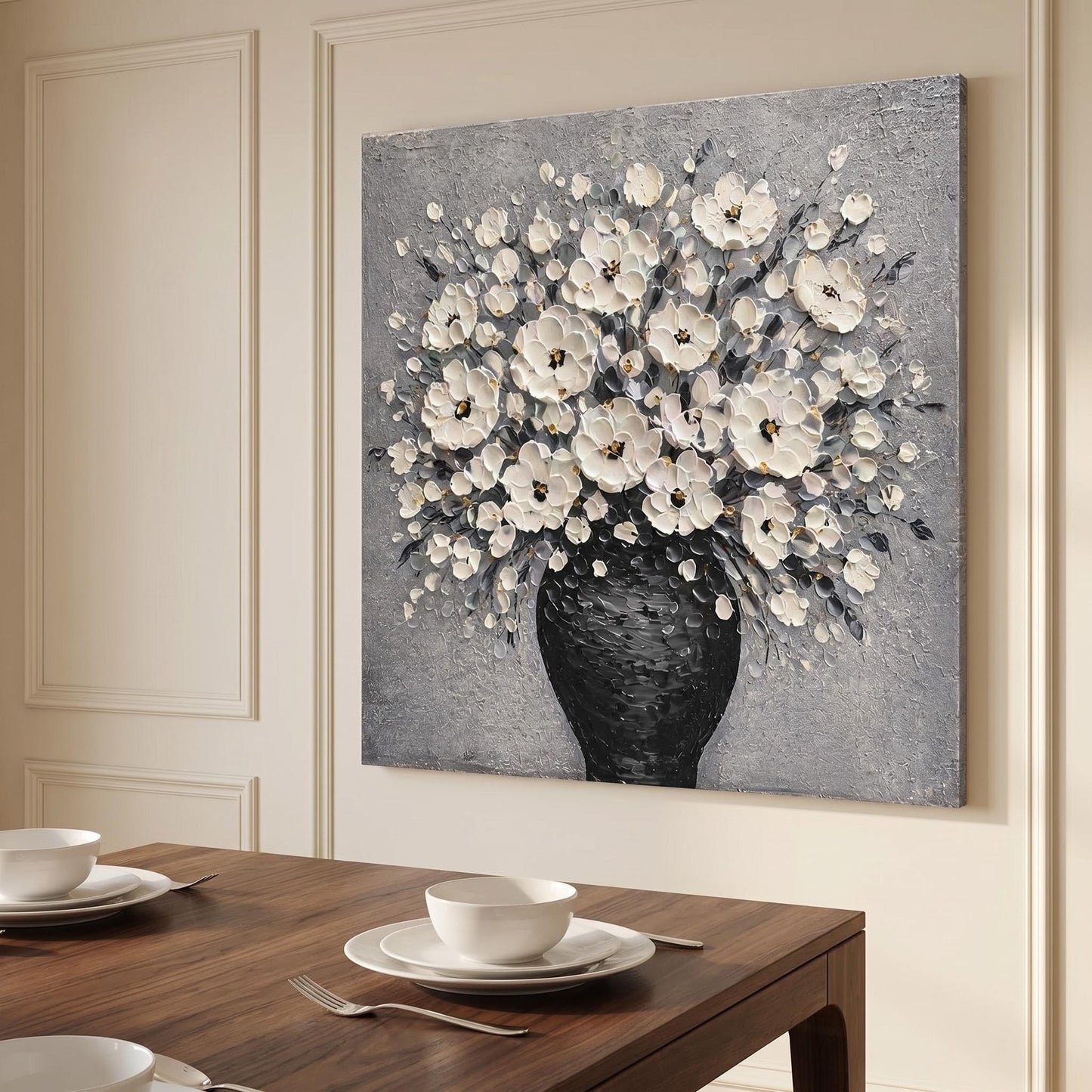 3D Textured Painting - Noir Vase Blooms