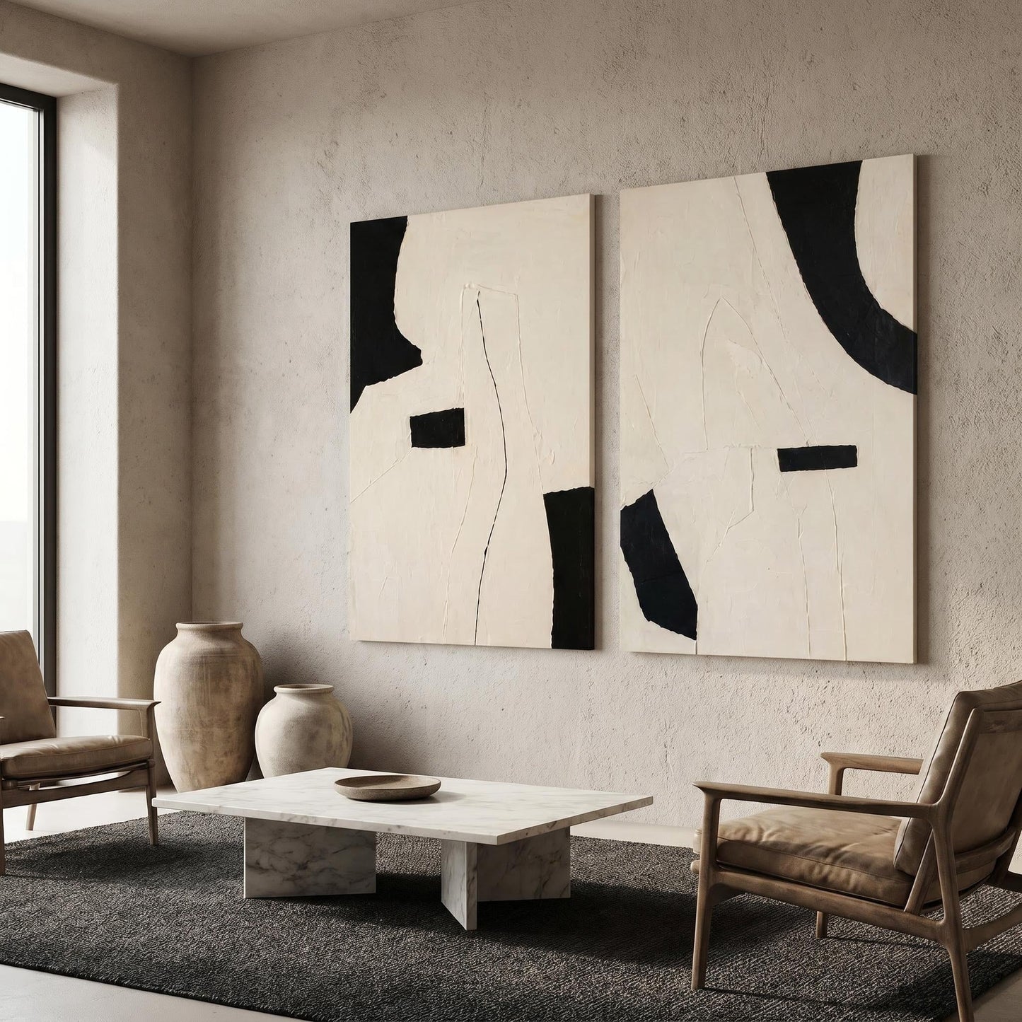 Abstract Art Painting - Monochrome Textured Diptych